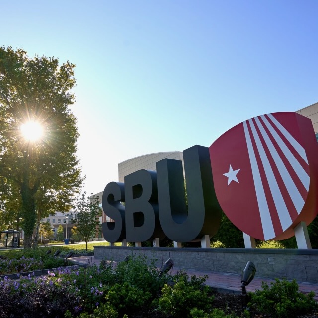 SBU landmark letters scuplture with a setting sun shining through a tree behind the sculpture
