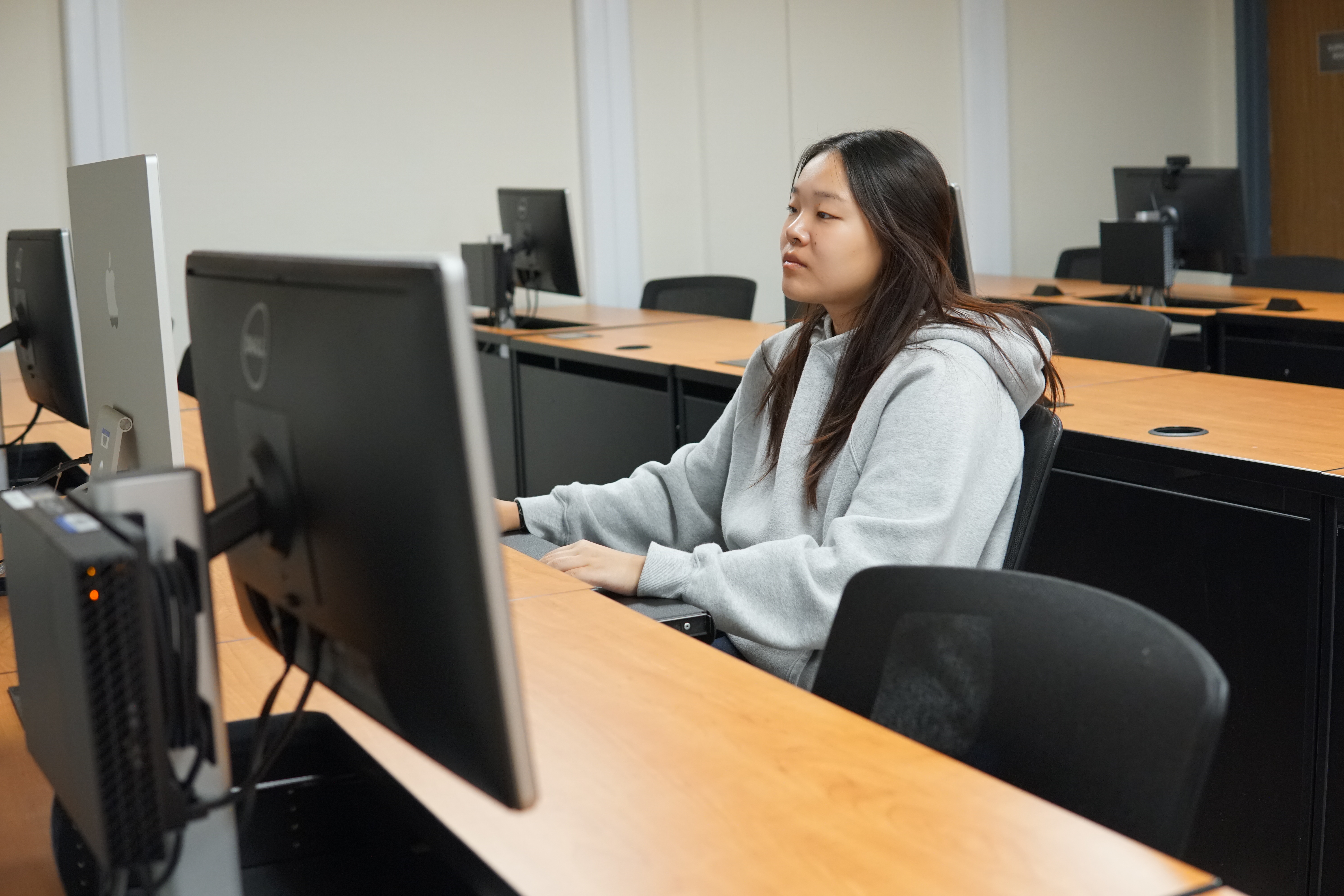 Student using a computer in a computing center