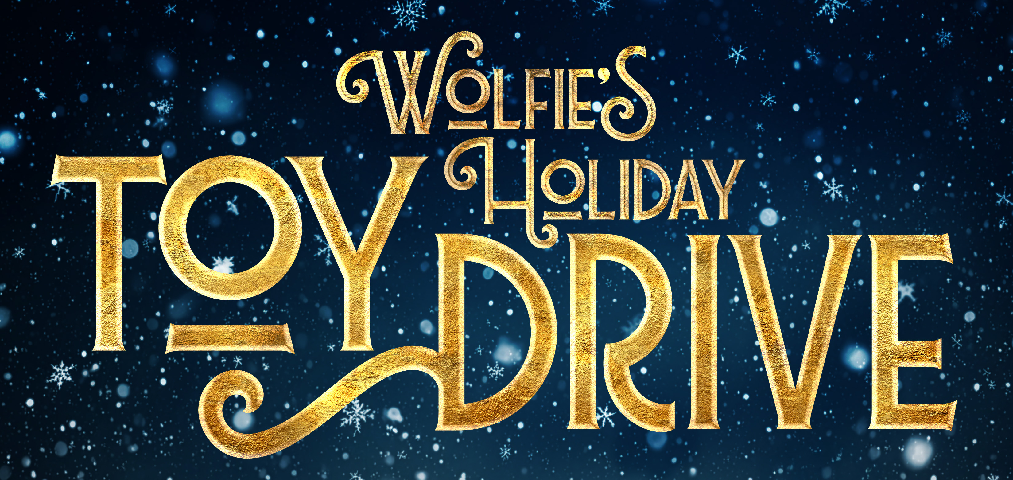 Wolfie's Holiday Toy Drive Logo. Gold on a blue background with snow flakes