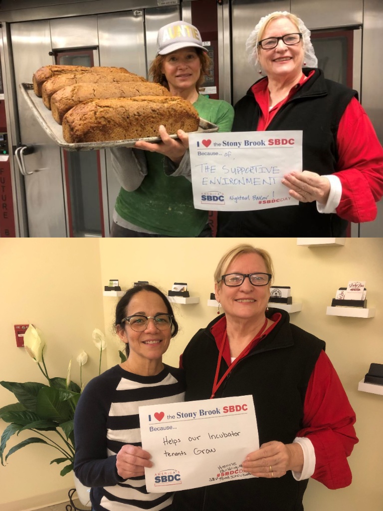 Ann Garbarino with members of the Calverton Food Incubator holing an "I Love the Stony Brook SBDC" sign