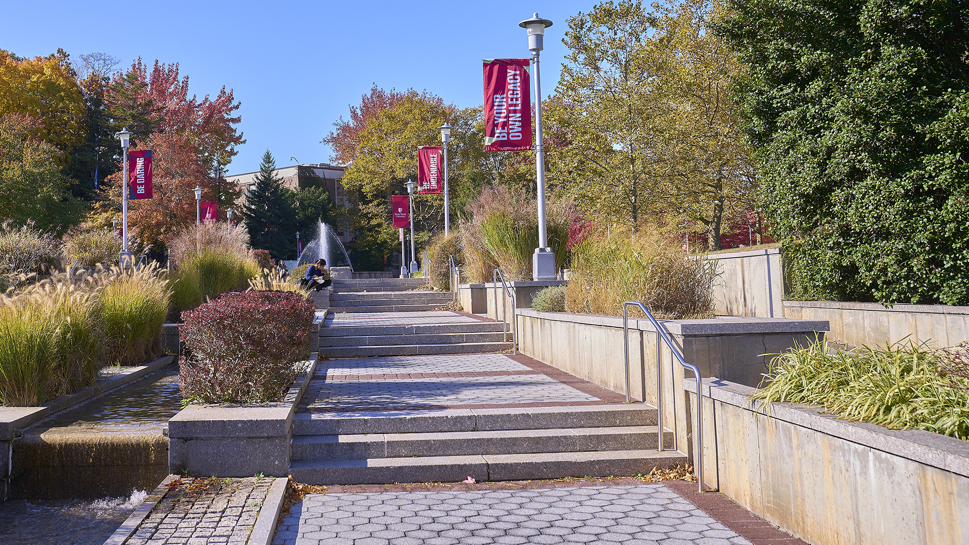 Steps leading to a fountain on Stony Brook University campus.