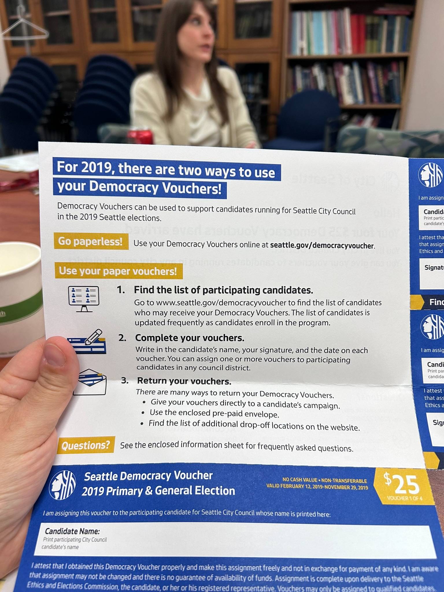 A Seattle Democracy Voucher brochure outlining how to use vouchers for the 2019 elections.