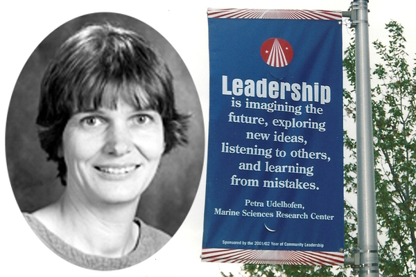 Petra Udelhofen and her inspirational banner describing leadership as imagining the future, exploring new ideas, listening to others and learning from mistakes.