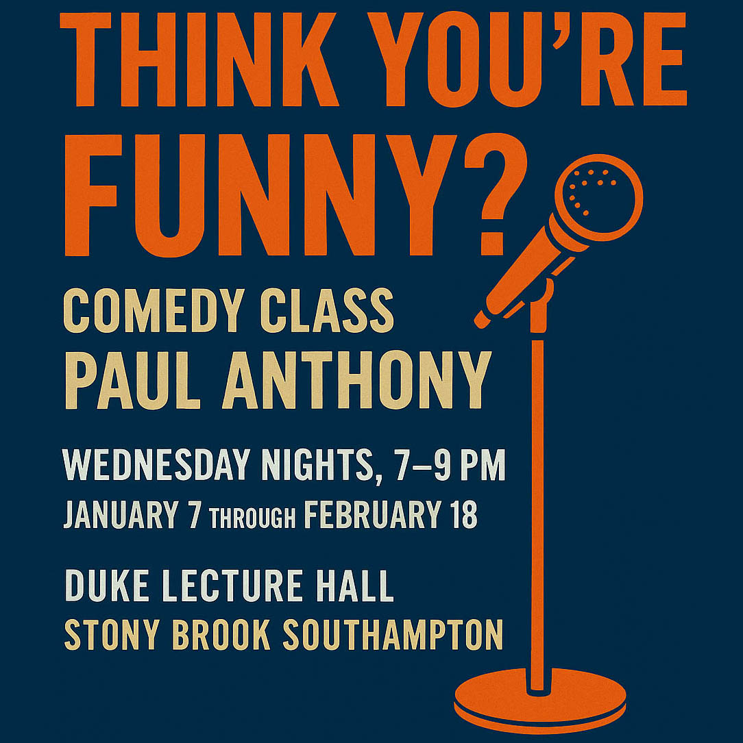 Comedy Class graphic that says "Think you're funny?" with an image of a mic