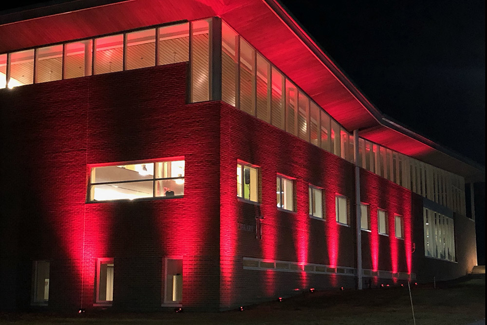 Stony Brook Southampton Library lit up at night