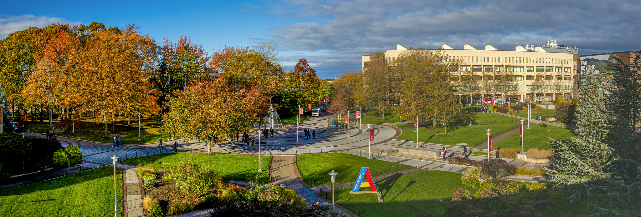 Aerial image of SBU campus during the fall