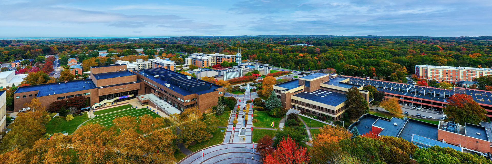 A panoramic photo of campus centered around the Academic Mall.