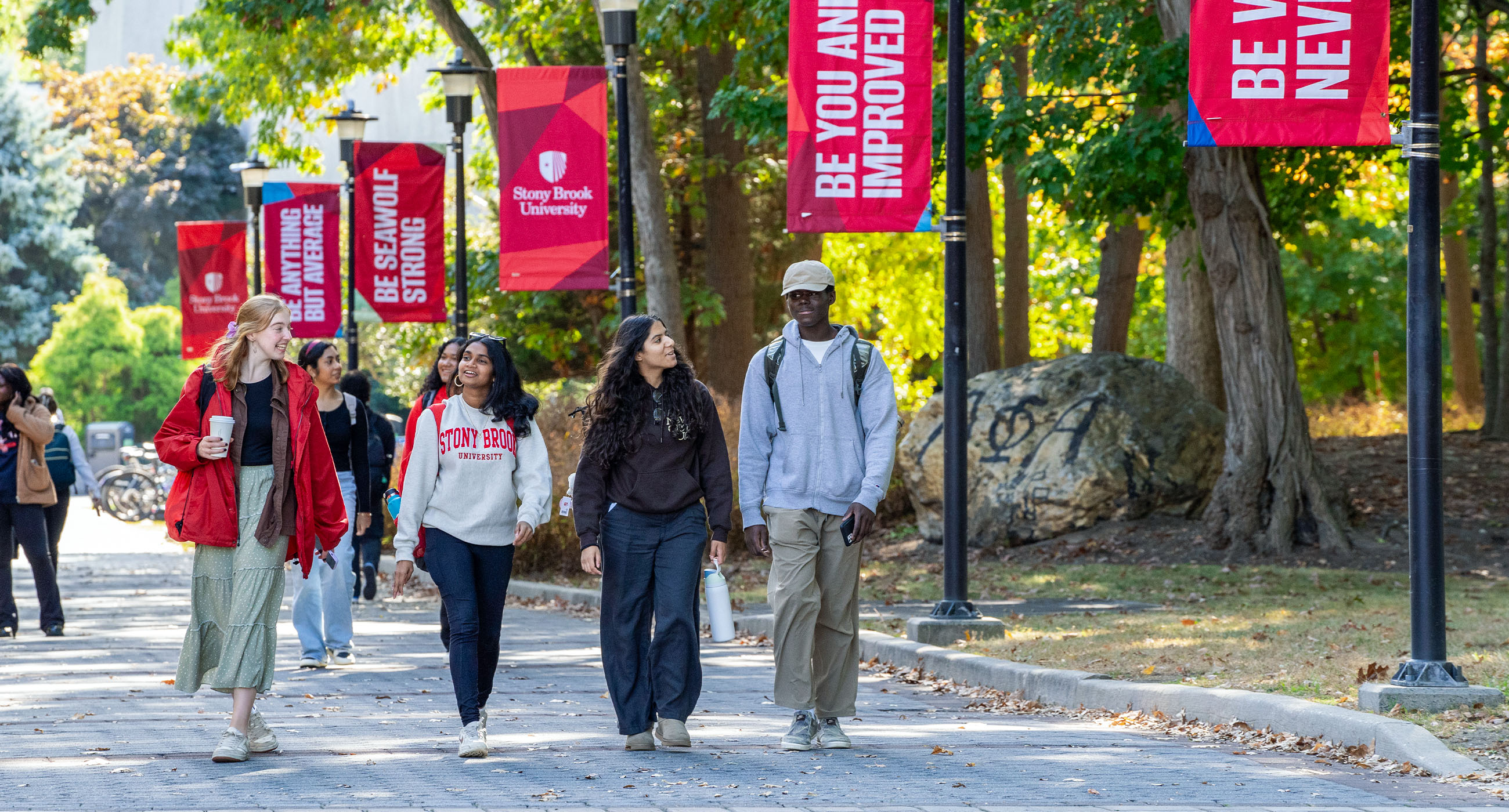 A group of students walking together down the Academic Mall