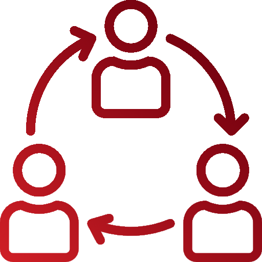 iconography of 3 torsos of people that are connected by a circular arrow