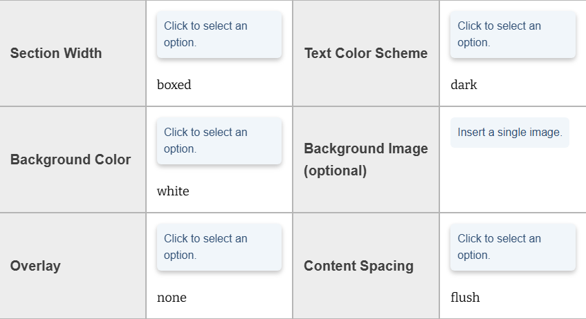 Screenshot of a CMS settings panel showing options for Section Width (boxed), Text Color Scheme (dark), Background Color (white), optional Background Image upload, Overlay (none), and Content Spacing (flush), each with “Click to select an option” controls.