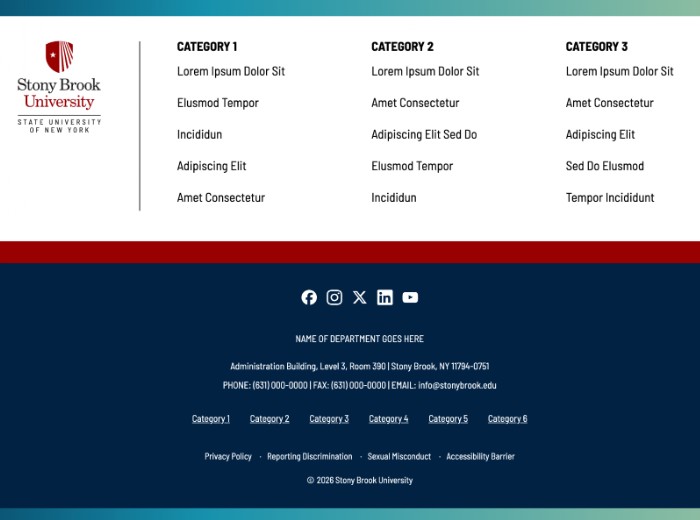Three-column website footer preview with Stony Brook University logo on the left, three link columns labeled Category 1, Category 2, and Category 3 with placeholder links, followed by a secondary footer section containing social media icons, department name placeholder, address and contact details, six additional category links, policy links (Privacy Policy, Reporting Discrimination, Sexual Misconduct, Accessibility Barrier), and copyright notice.
