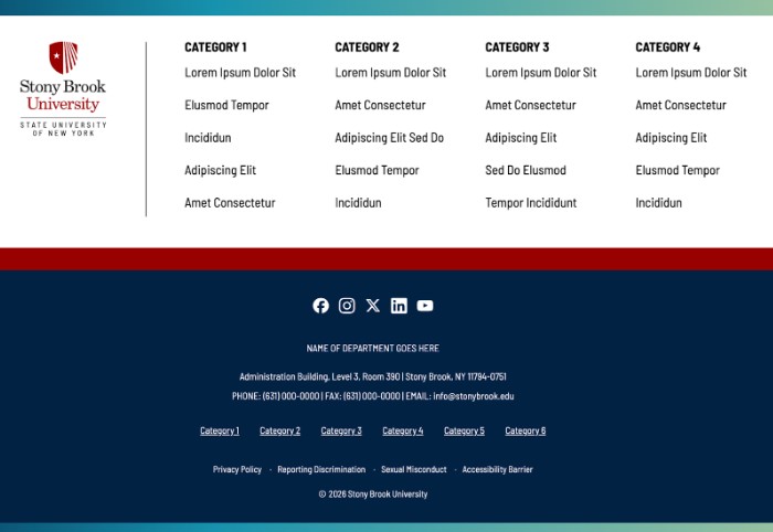 Four-column website footer preview with Stony Brook University logo on the left, four link columns labeled Category 1 through Category 4 with placeholder links, followed by a secondary footer section containing social media icons, department name placeholder, address and contact details, six additional category links, policy links (Privacy Policy, Reporting Discrimination, Sexual Misconduct, Accessibility Barrier), and copyright notice.