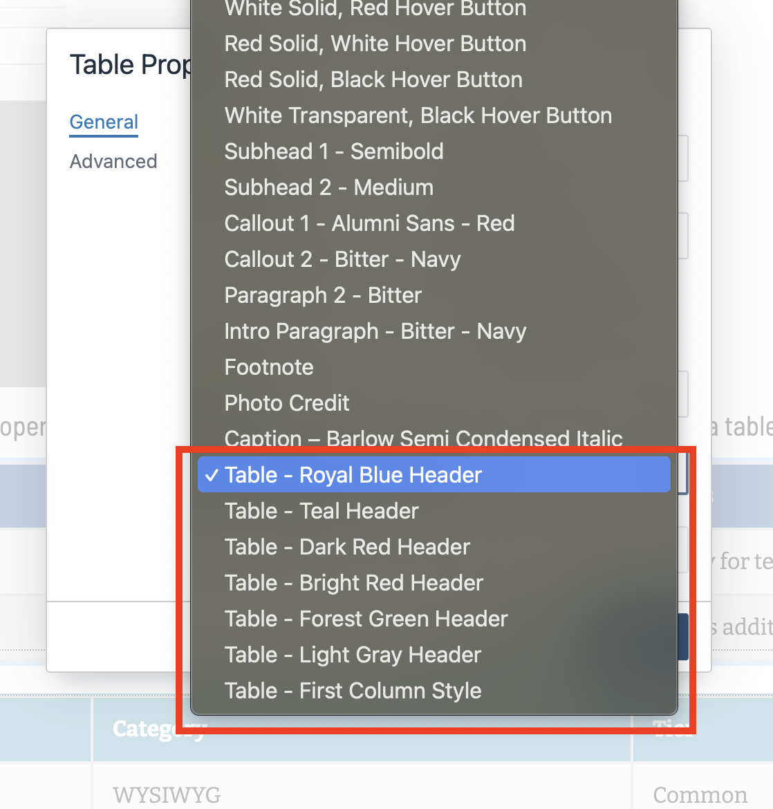 Choosing the name of the style in dropdown menu