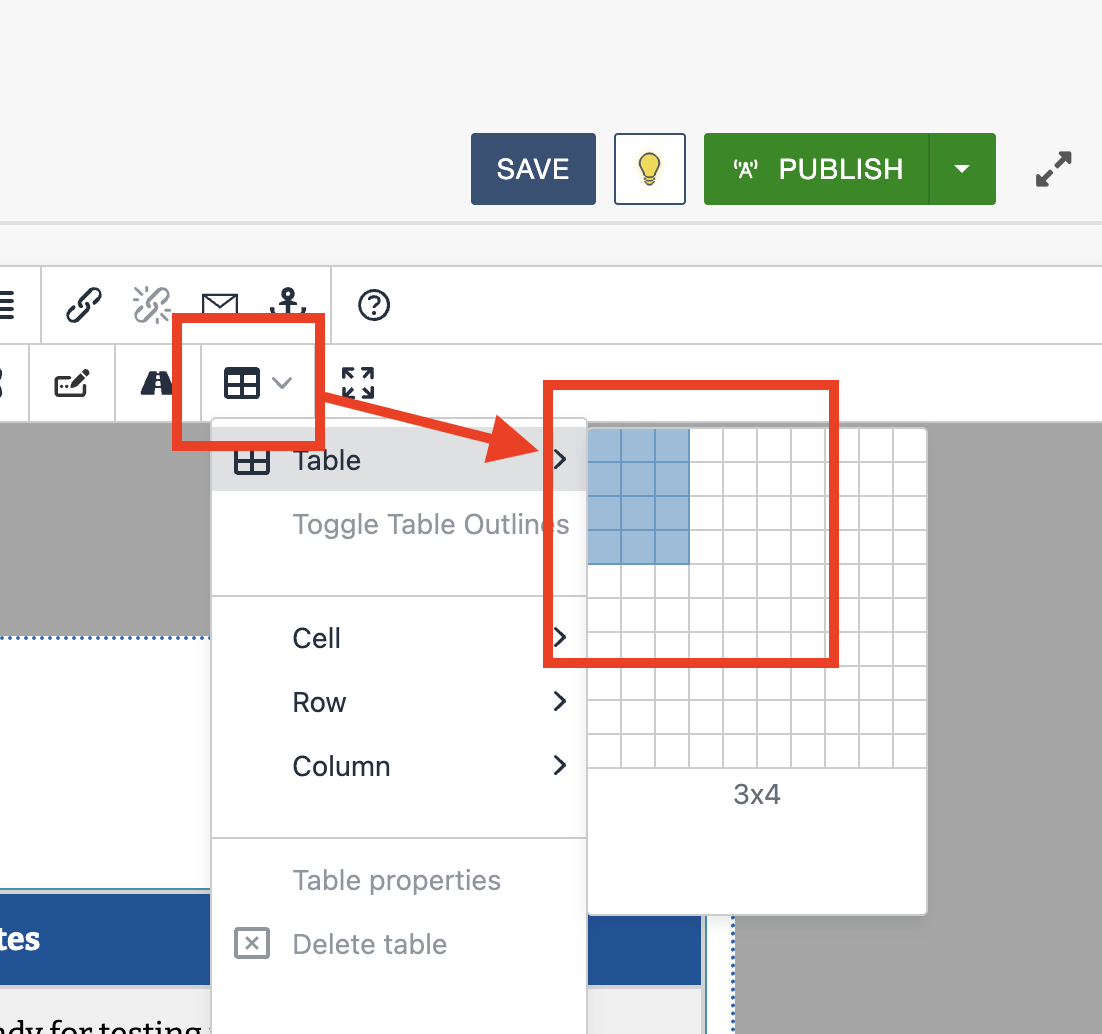 inserting a table box in wysiwyg menu