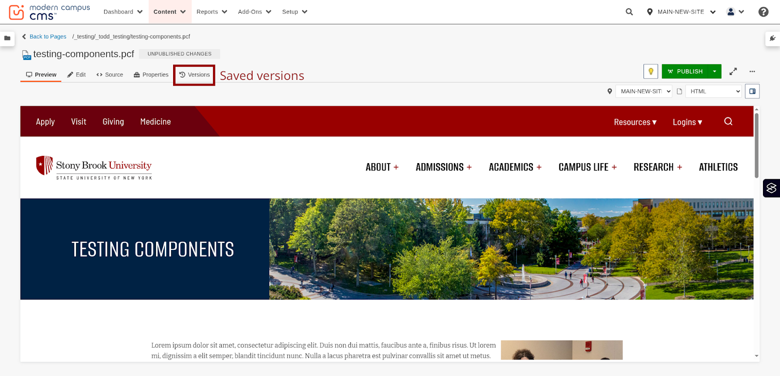 Screenshot of the Edit screen for Modern Campus, highlighted is the Versions button
