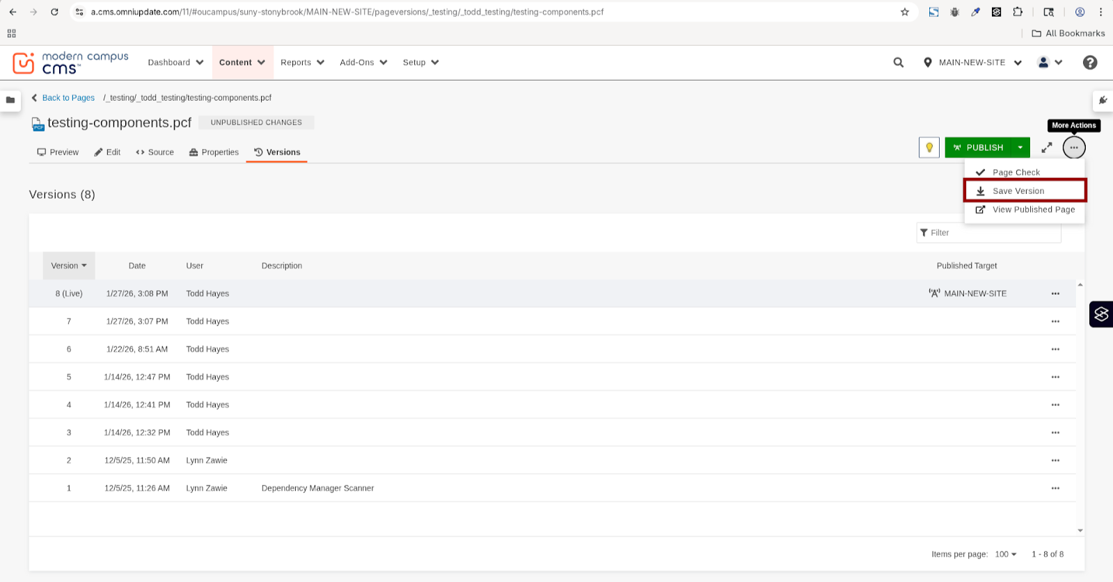 a screenshot of the Edit screen in Modern Campus. Highlighted to the right is the Save Version button