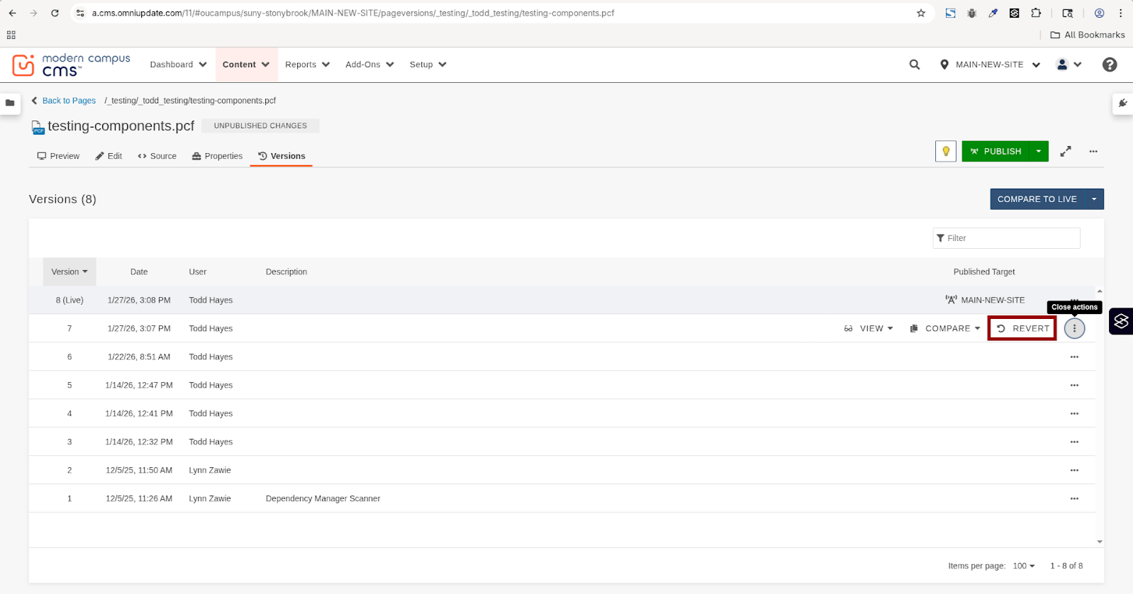 a screenshot of the Edit screen in Modern Campus. Highlighted to the right is the Revert button