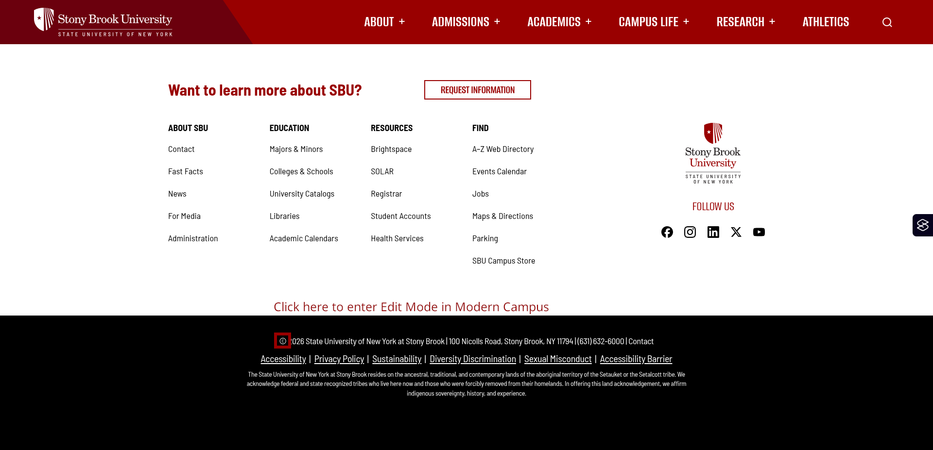 Screenshot of the bottom of a Stony Brook University web page, the copyright symbol has a red box around it, and the words "cick here to enter edit mode in modern campus" is above the box.