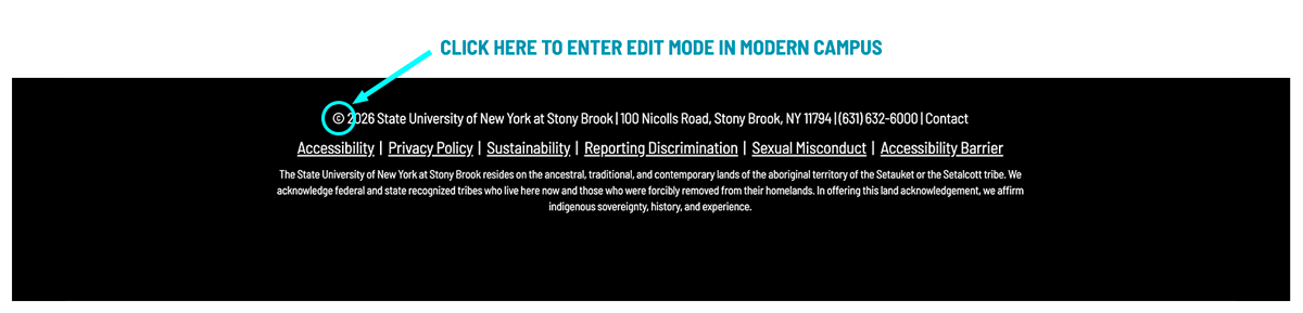 Screenshot of an SBU footer with the copyright symbol circled. This points out where to click to log in and access the editor.
