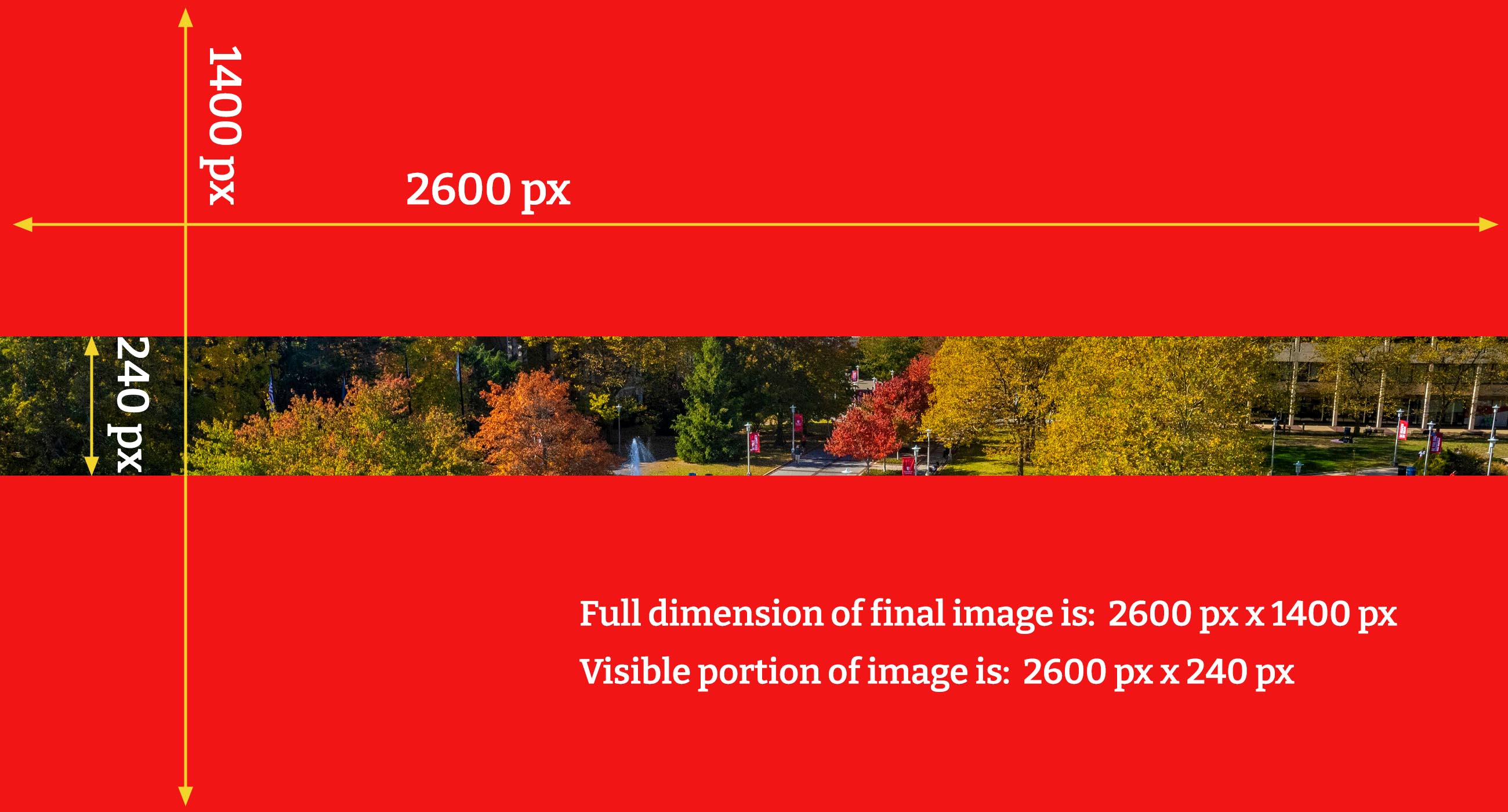 Diagram showing recommended dimensions for a short hero image. The graphic illustrates a full image size of 2600 by 1400 pixels, with a highlighted visible area measuring 2600 by 240 pixels centered within the image. Red overlays indicate portions of the image that may be cropped on display.