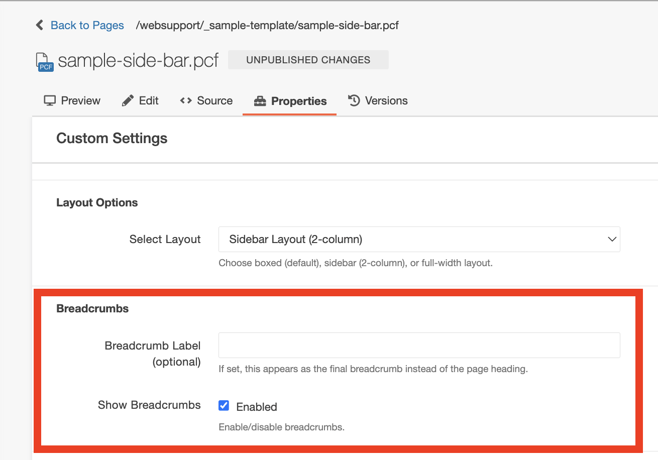 Breadcrumbs properties label