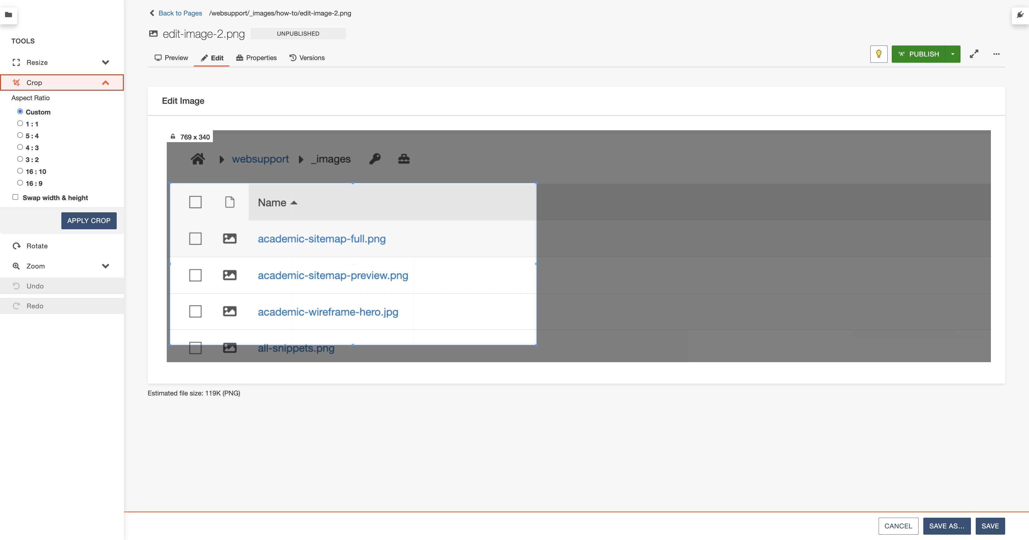 Crop tool with selection outline