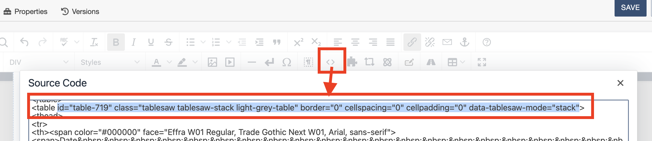 inserting source code screenshot of <> button