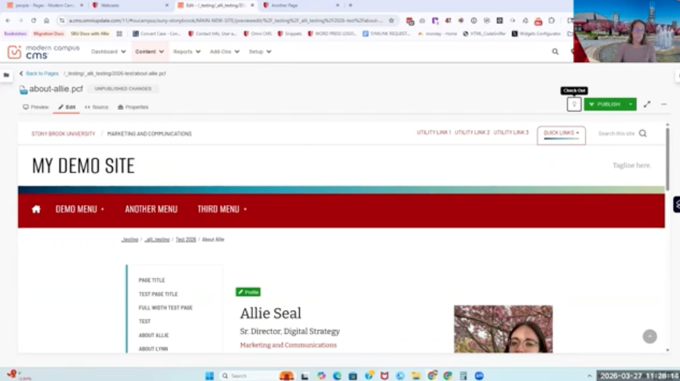 Screenshot of the Modern Campus CMS editing interface displaying a sample Stony Brook University website page titled "My Demo Site." The CMS toolbar with editing and publishing controls is visible above the page preview. A presenter video thumbnail appears in the upper-right corner.