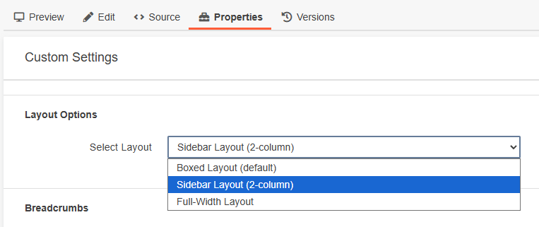 Screenshot of the Page Properties panel in Modern Campus CMS showing the Layout Options dropdown with choices for Boxed Layout (default), Sidebar Layout (2-column), and Full-Width Layout, with Sidebar Layout (2-column) currently selected.