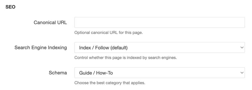 Screenshot of the Modern Campus CMS SEO page properties showing the Canonical URL field, Search Engine Indexing set to "Index / Follow (default)," and the Schema dropdown set to "Guide / How-To."