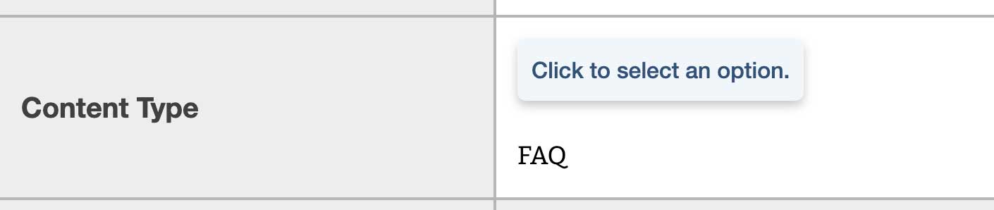 Accordion snippet Content Type field with FAQ selected from the dropdown.